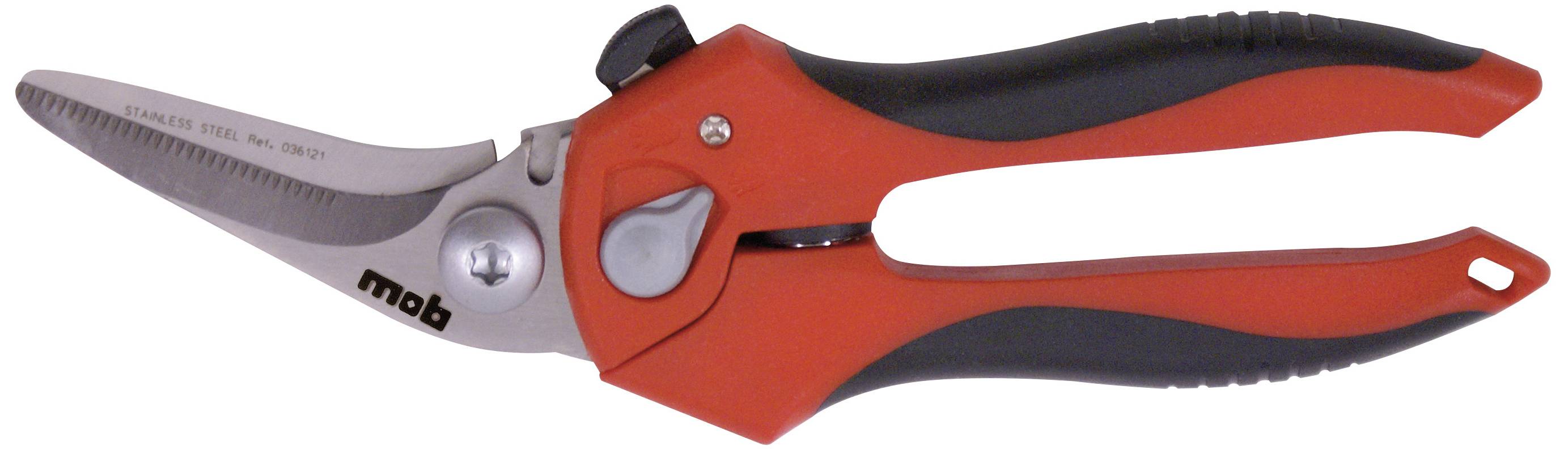 Red and black garden secateurs with ergonomic handles and serrated blade, suitable for cutting branches and flowers.