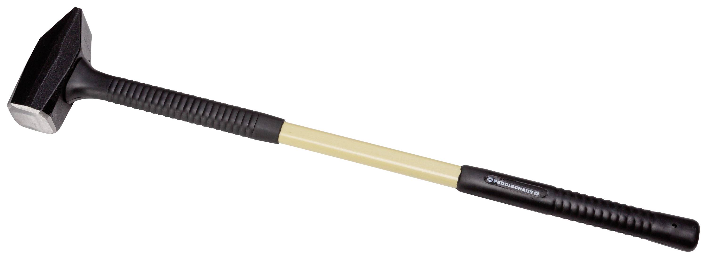 A sledgehammer with a black head and long beige handle. Suitable for heavy-duty work such as demolition or forging.