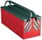 Red metal toolbox with multiple compartments and two black handles.