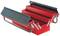 Red metal toolbox with hinged lids and multiple compartments, open and empty.