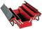 Red, open toolbox with multiple compartments, showing extendable shelves and two handles on the sides.