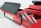 Red toolbox with multiple compartments and a black handle, partially open, on a white background.