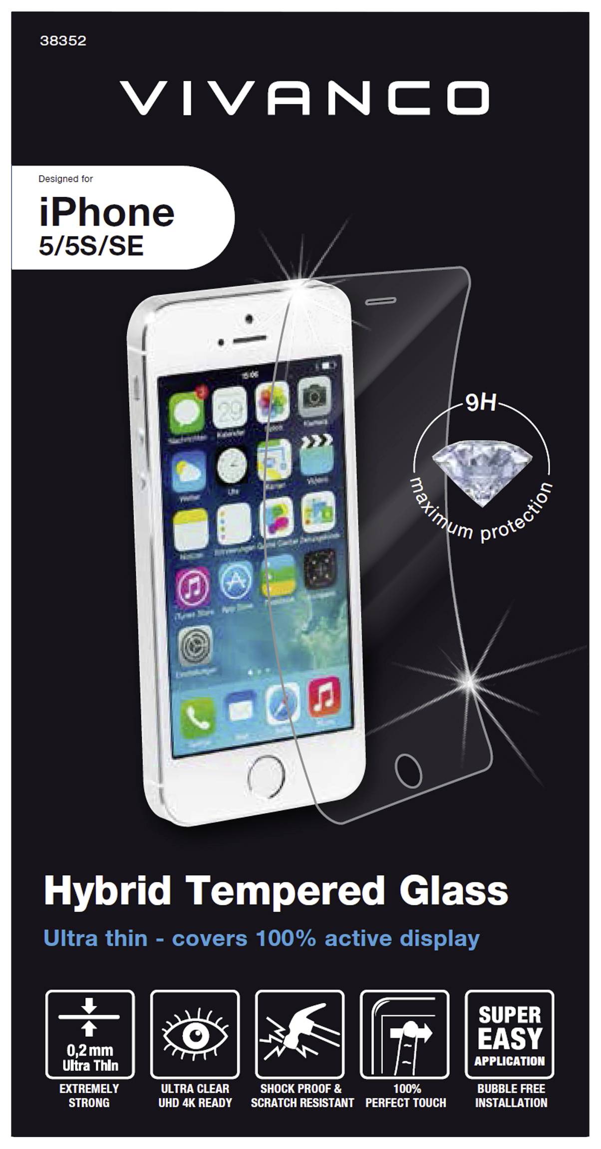 Vivanco HYGLASVVIPH5 Glass screen protector Apple iPhone 5, iPhone 5s, iPhone SE 1 pc(s) Anti-fingerprint, Scratch-proof 38352