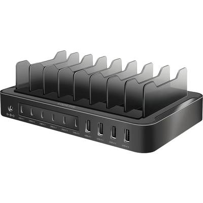 Black USB charger with eight ports and multiple transparent holders for organising devices during charging.