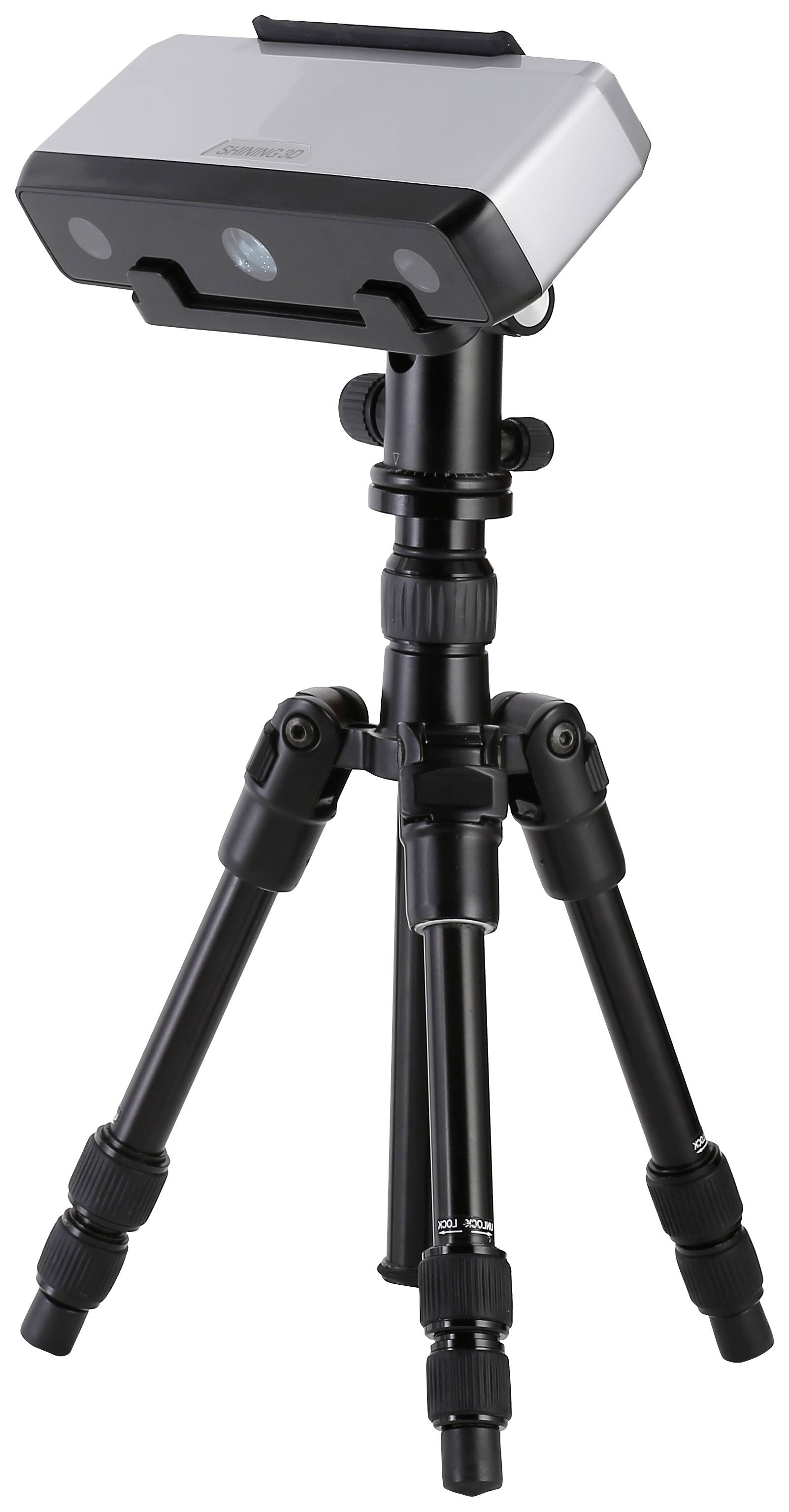 A black tripod with a grey, rectangular camera mounted on it, used for recording or surveillance purposes.