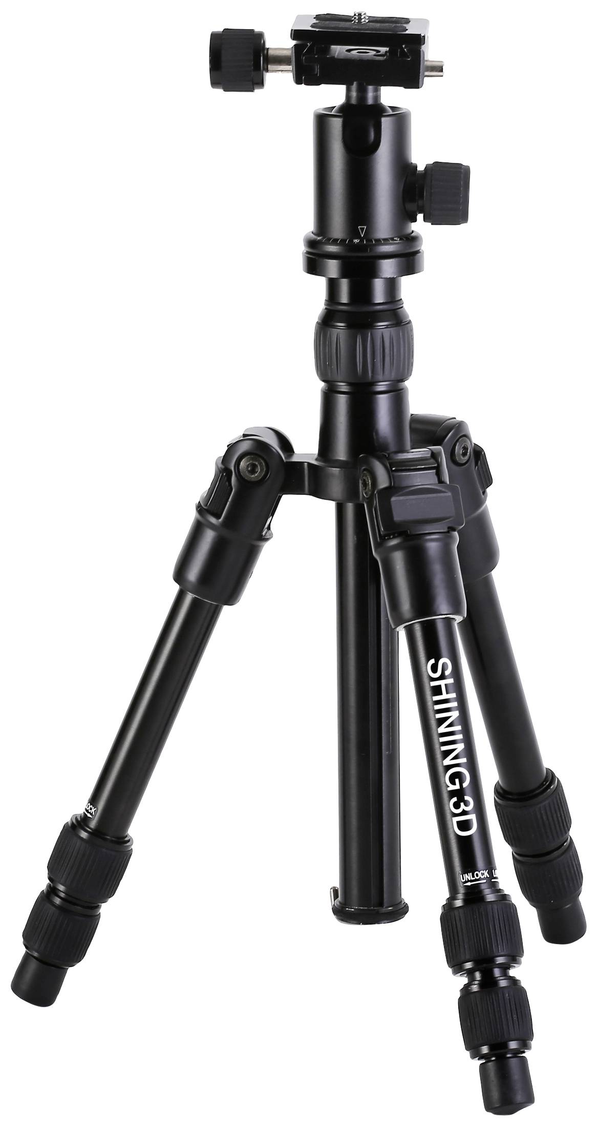 Black metal tripod with adjustable legs and a ball head, suitable for cameras and other devices.