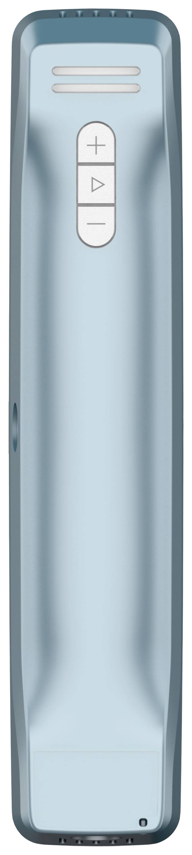 A blue portable speaker with white control buttons, including volume and playback controls.