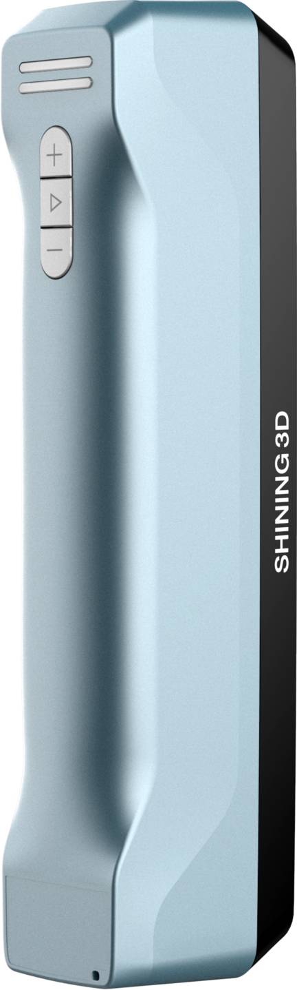 A blue portable scanner with the brand name 'SHINING 3D' on the side. At the top, there are control buttons for plus and minus.