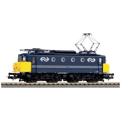 A blue locomotive with yellow ends on railway tracks, featuring a railway company's logo on its side.