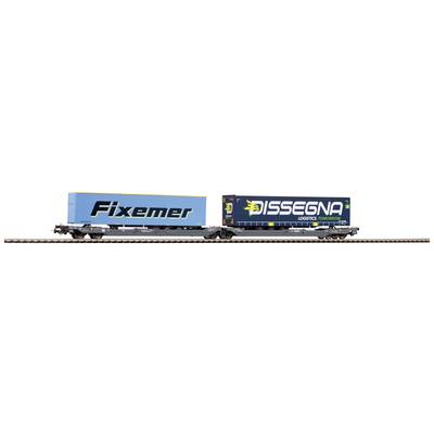 Model railway: Two goods wagons are carrying containers, one with 'Fixemer' inscription, the other with 'Dissegna Logistics' on a section of track.