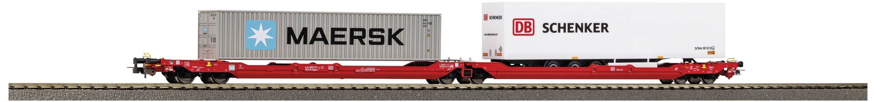 A red goods wagon on railway tracks is transporting two containers, one from 'MAERSK' and one from 'DB Schenker'.