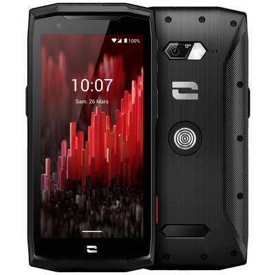 A robust smartphone with a black casing and a screen displaying a graphic with red vertical bars.
