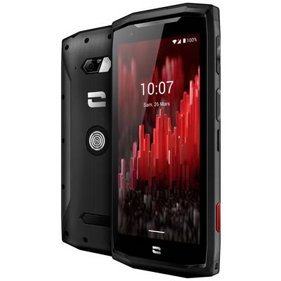 Two robust smartphones side by side, one displaying a red and black striped screen. They appear resilient and technical.