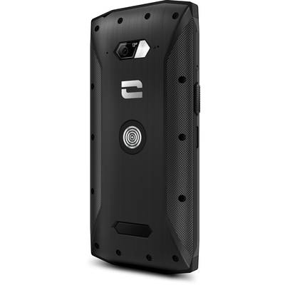A robust black smartphone with a camera lens and distinctive logo on the back, suitable for use in harsh environments.