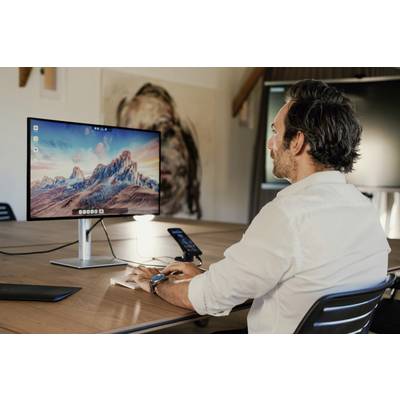 A man is sitting at a desk and working on a computer. A landscape with mountains is displayed on the screen.