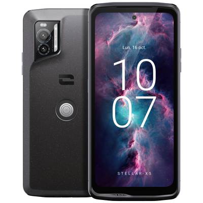 New smartphone 'Stellar X5', front and rear view. Display shows date and time. Black back with camera and logo.