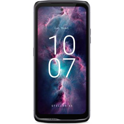 Smartphone with a luminous space background, displaying the date 'Mon. 16 Oct.' and time '10:07' on the screen, model name 'STELLAR-X5'.