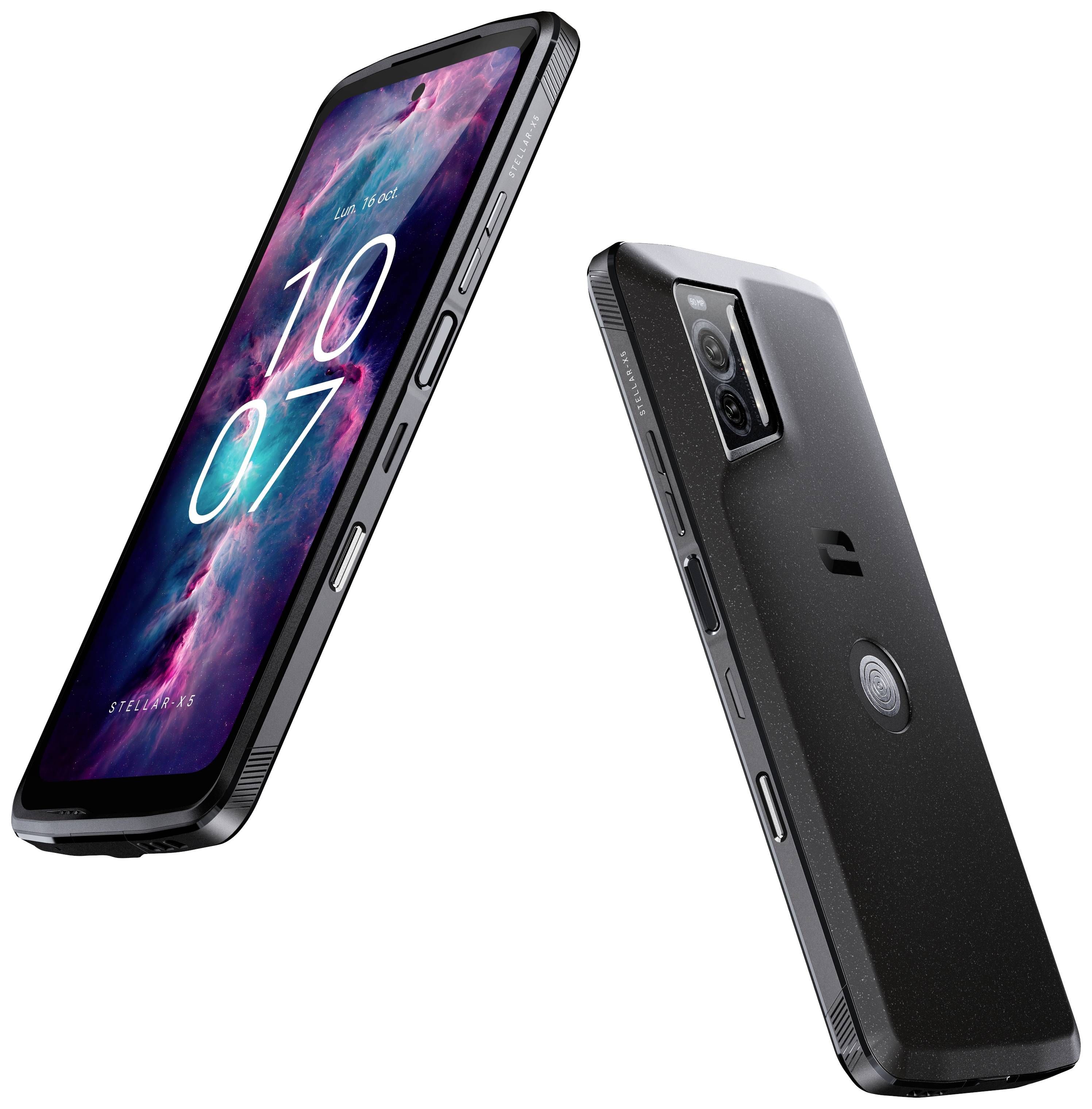 Two black smartphones with cases are positioned at an angle showing both the front and back. The display reads '10:07'.