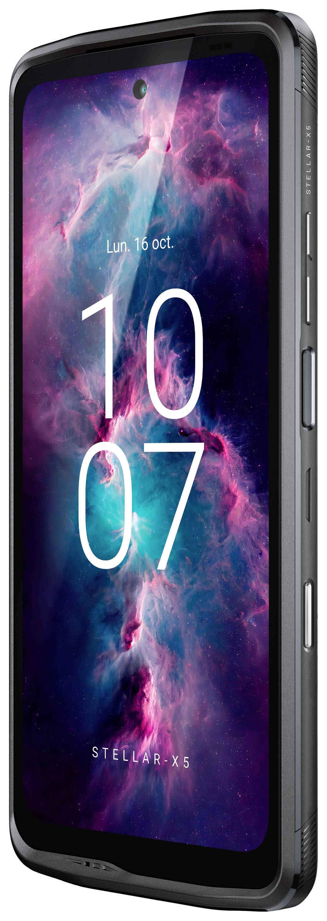 Smartphone Stellaris X5 with narrow bezels, large display, and cloud-like colour gradient on the screen, date visible at the top.