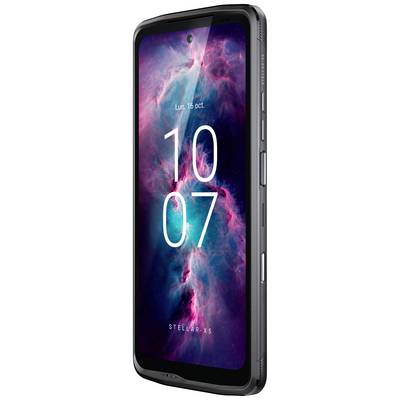 Smartphone Stellaris X5 with narrow bezels, large display, and cloud-like colour gradient on the screen, date visible at the top.