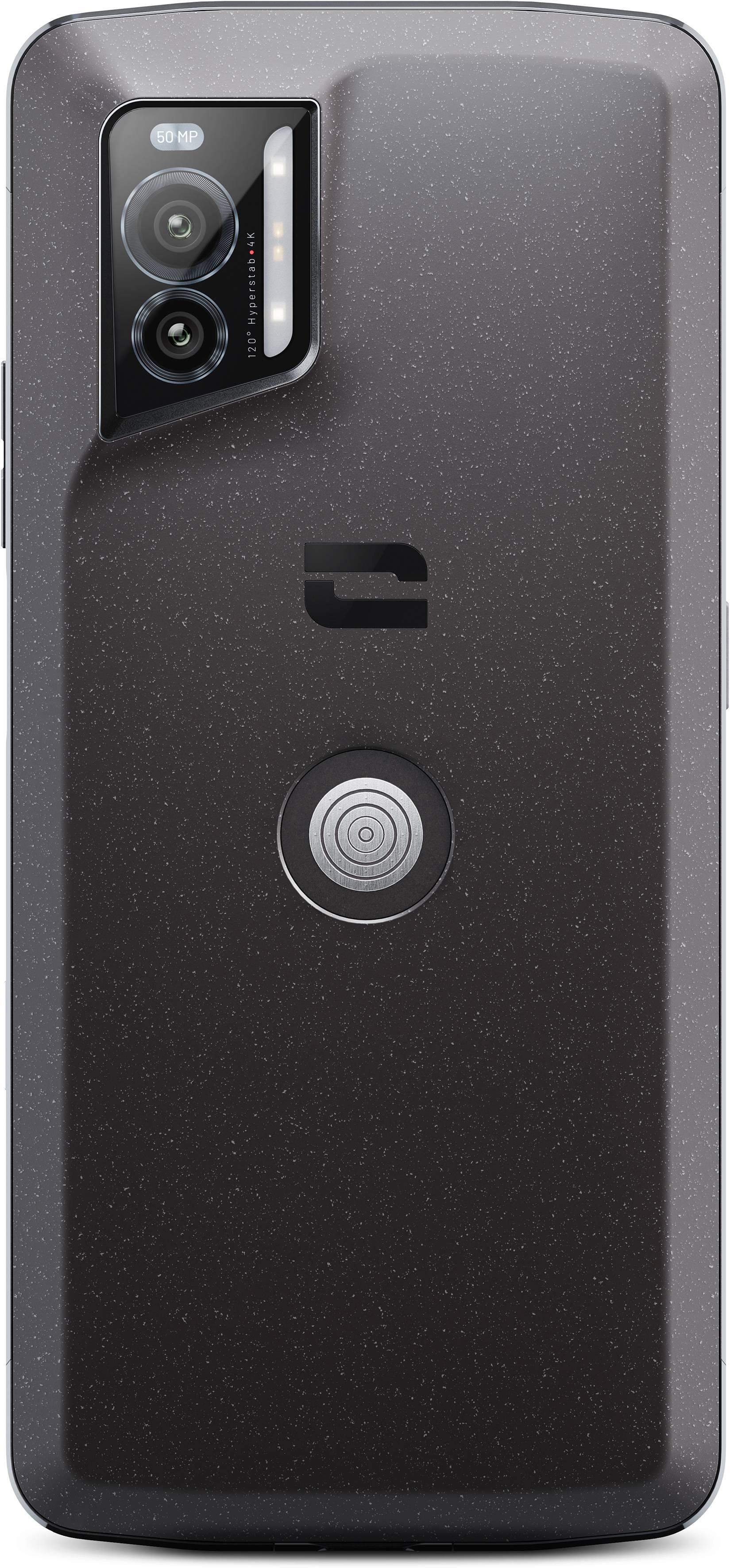 A smartphone with a dark back panel and two camera lenses in the top left. A distinctive logo and a central, circular design.