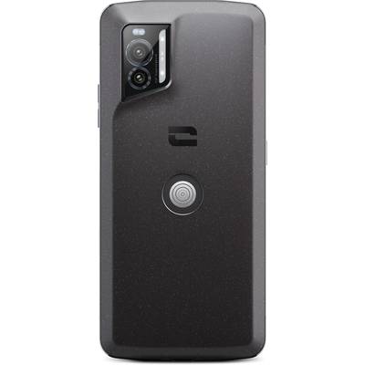 A smartphone with a dark back panel and two camera lenses in the top left. A distinctive logo and a central, circular design.