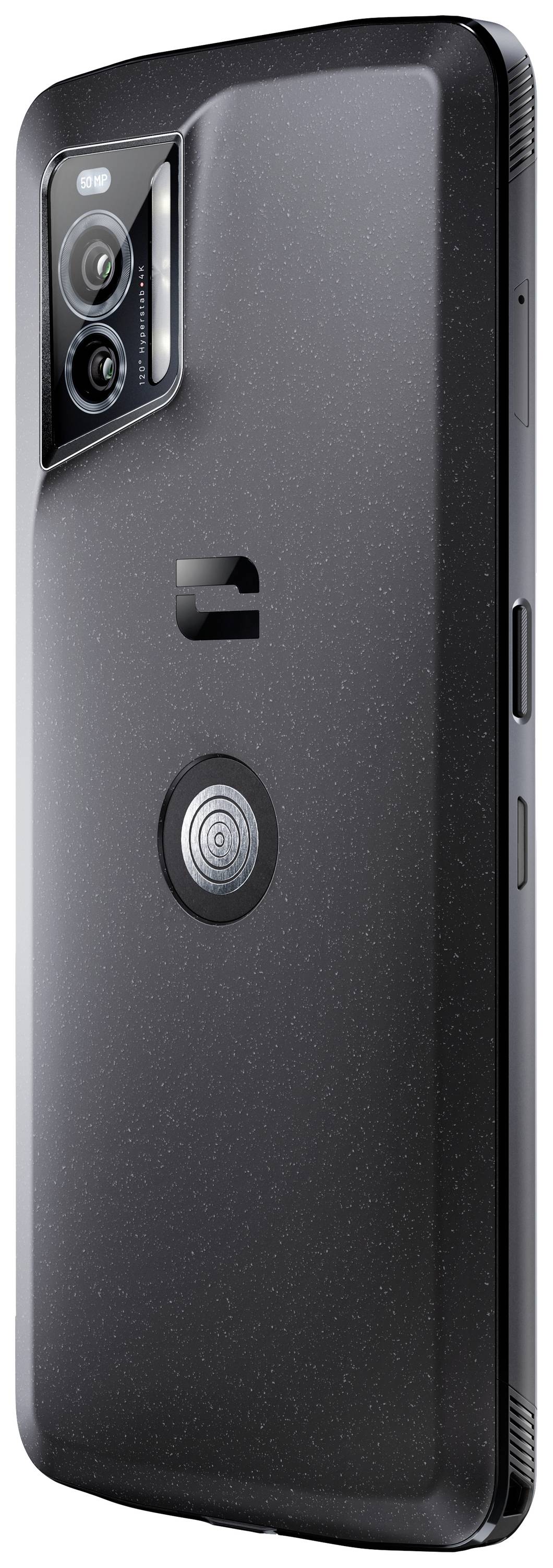 A black smartphone with two camera lenses and a flash on the back. It has a fingerprint sensor underneath.