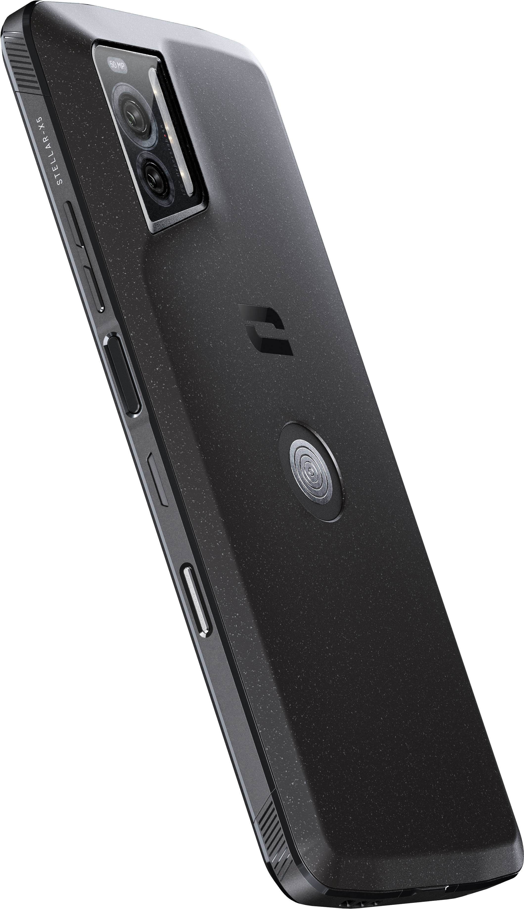 Black smartphone viewed from the side, showing the camera and buttons. Minimalist design with slim casing.