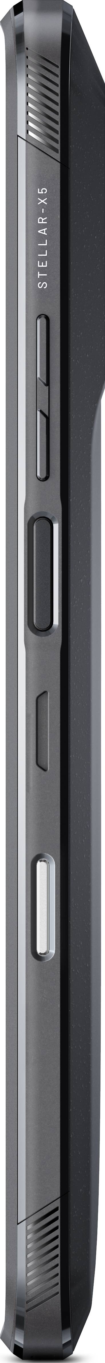 A side view of a sleek, modern smartphone with multiple side buttons and an elegant, black casing.