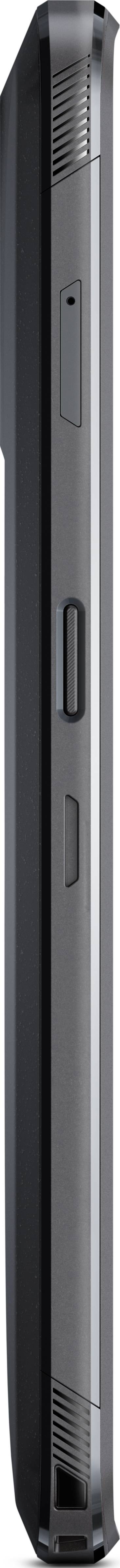 Side view of a black, slim laptop. Ventilation slots and ports are visible.