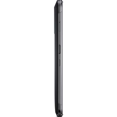 Side view of a black, slim laptop. Ventilation slots and ports are visible.