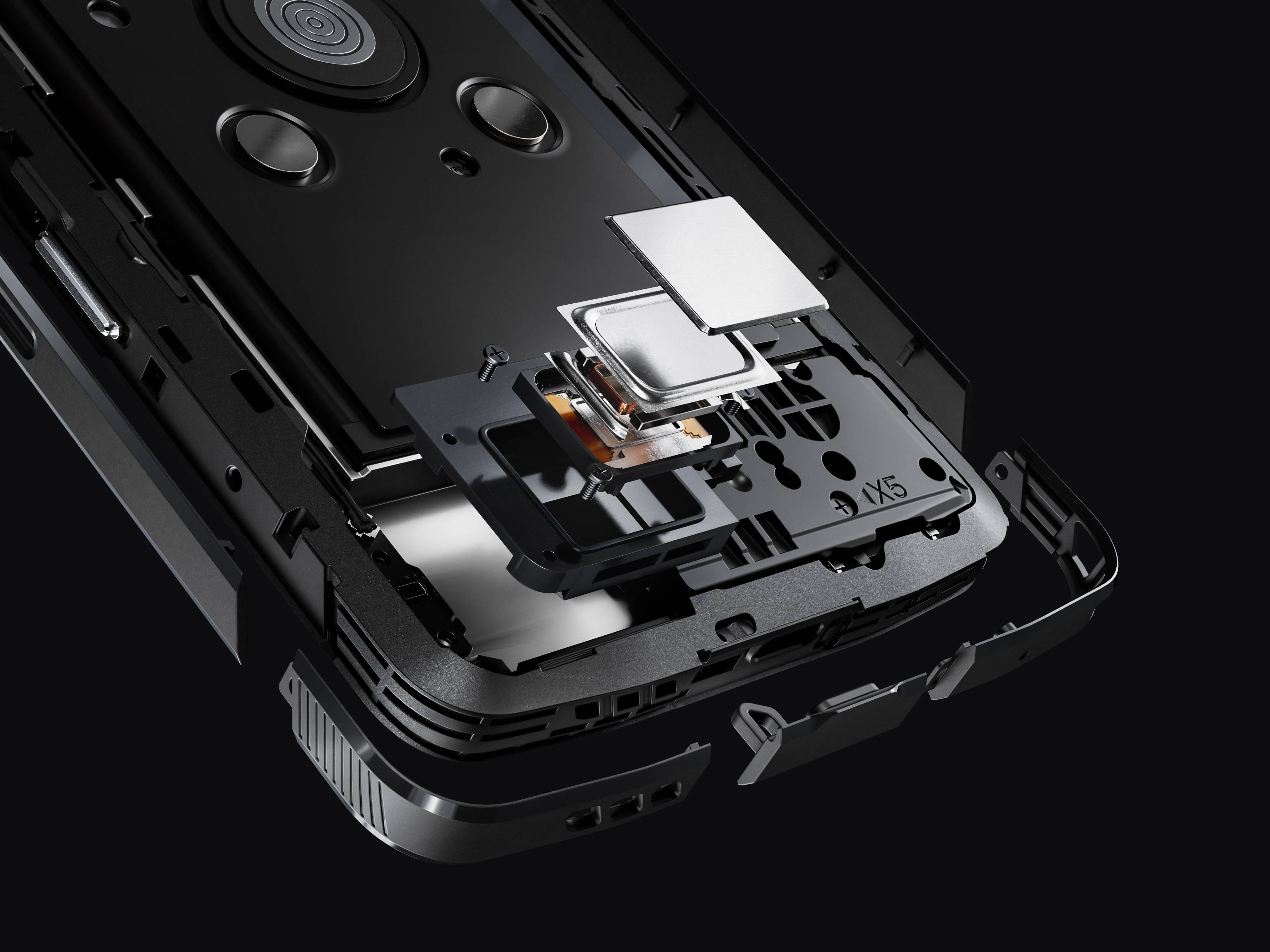 A smartphone is presented in an exploded view, with internal components such as the chip, camera, and battery compartment visible.