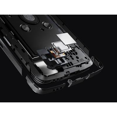 A smartphone is presented in an exploded view, with internal components such as the chip, camera, and battery compartment visible.