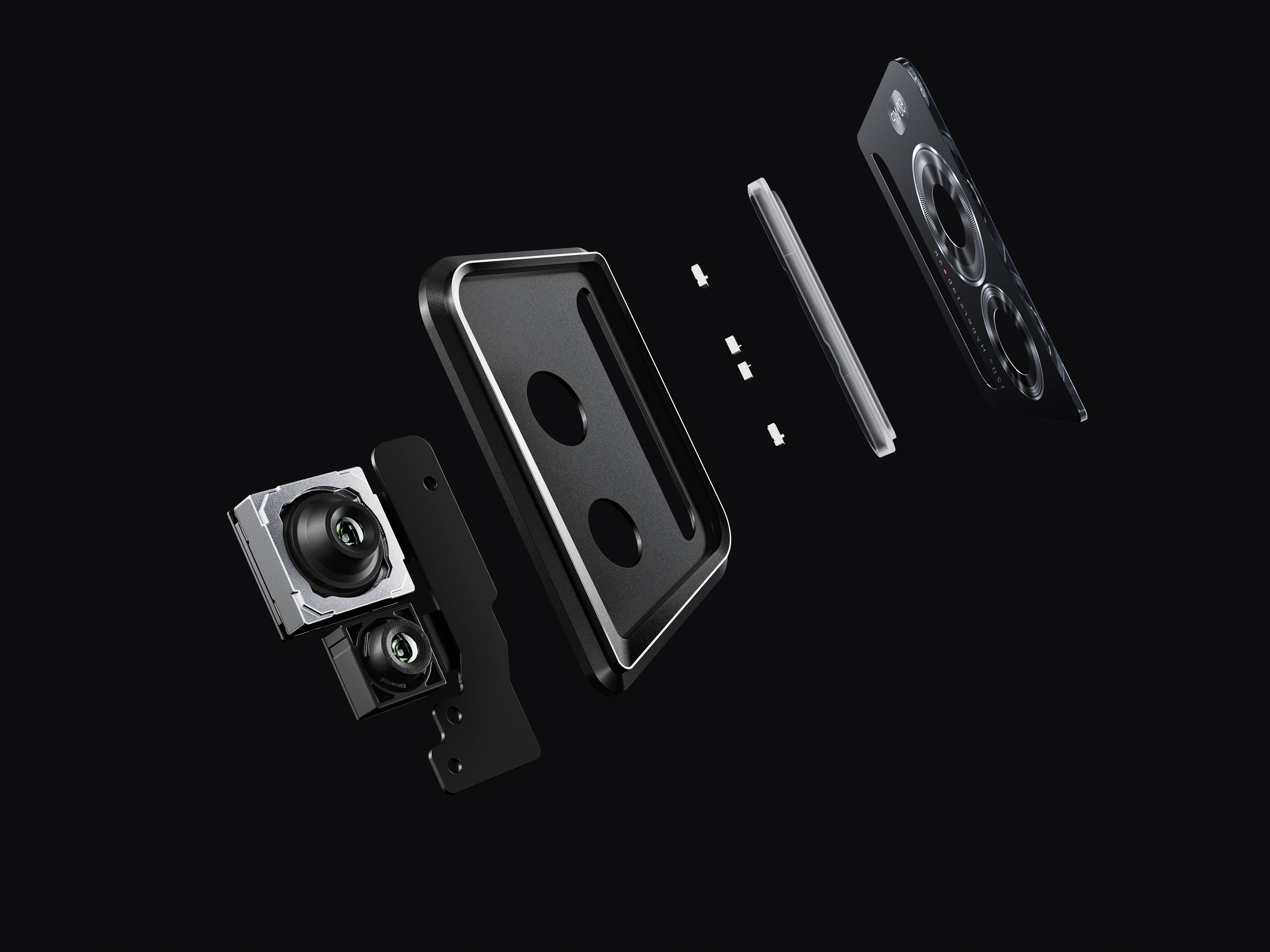 Exploded view of a camera lens with lenses, housing, and electronic components on a black background.