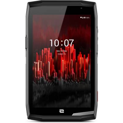 Robust black tablet with a red, abstract background pattern and digital clock displaying '10:07' on 4 May; full battery power.
