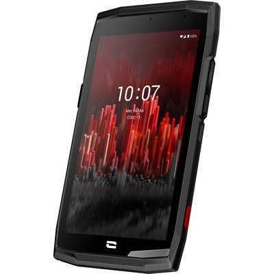 A black, robust tablet with a red and black background image, displaying the time '10:07'.