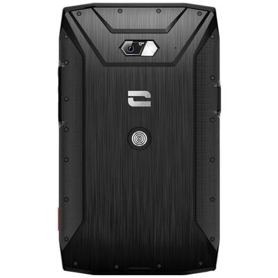 Robust smartphone viewed from the rear, black casing with camera centrally positioned at the top and silver logo in the centre.