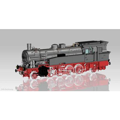 'CAD drawing of a black steam locomotive with red wheels and detailed machine components, grey background.'