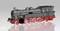 'CAD drawing of a black steam locomotive with red wheels and detailed machine components, grey background.'
