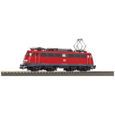 A red model of a German electric locomotive from Deutsche Bahn is standing on a section of railway track.