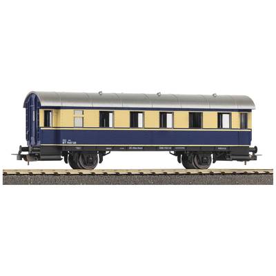 Model railway carriage with blue and yellow paintwork, positioned on a track. The carriage has several large windows.