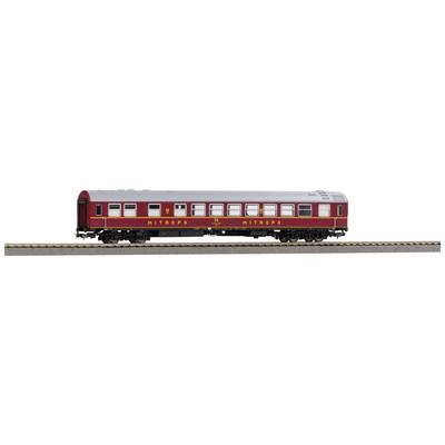 Red model train carriage to scale on track with 'Mitropa' inscription. Vehicle has many windows and a silver roof.
