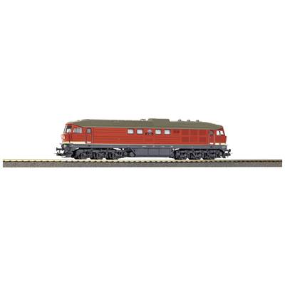 Model locomotive, red with grey roof, on railway track. Side view, details such as wheels and windows clearly visible.