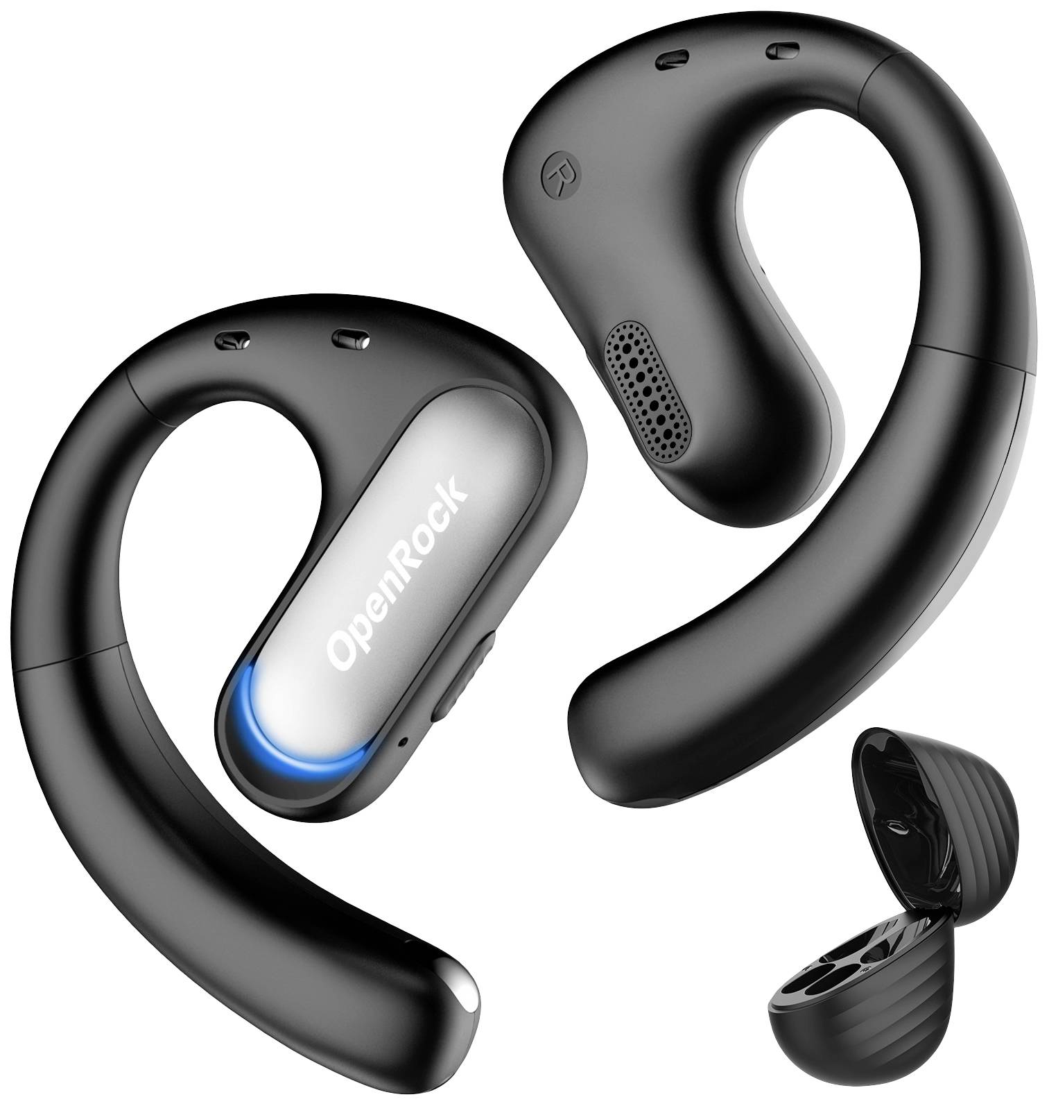 Black, wireless open-ear earbuds, marked with 'OpenRock', shown together with a black charging case.
