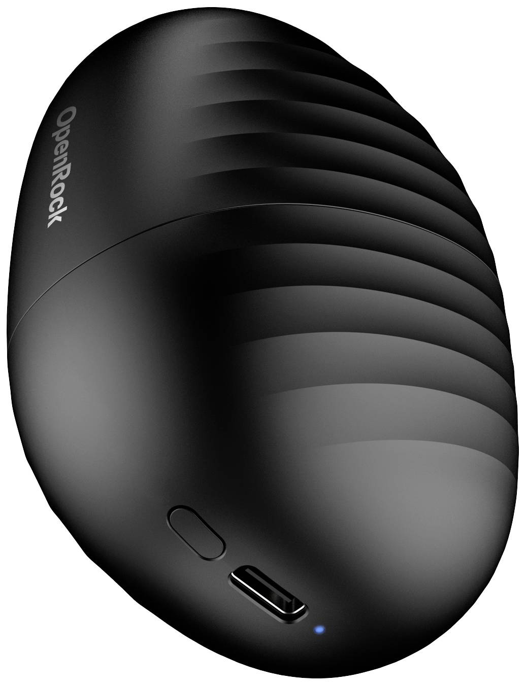 Black wireless earphone in an oval shape, with a ribbed surface and USB connection, blue LED indicator illuminating.