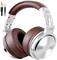 Silver and brown over-ear headphones with padded ear cups, connected by an adjustable headband. Includes 3.5mm jack adapter.