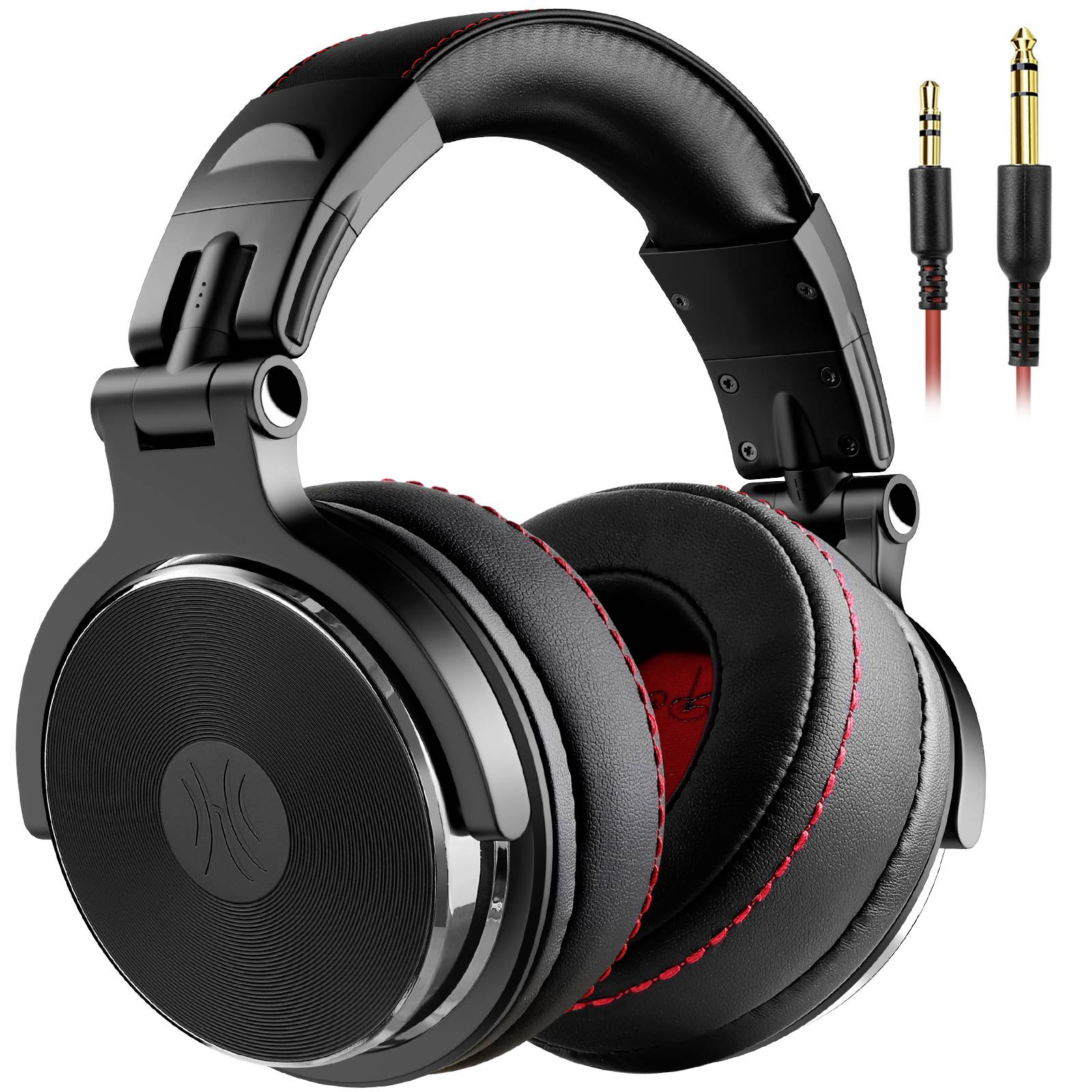 Black over-ear headphones with red stitching and a detachable cable that includes both a 3.5mm and 6.35mm plug.