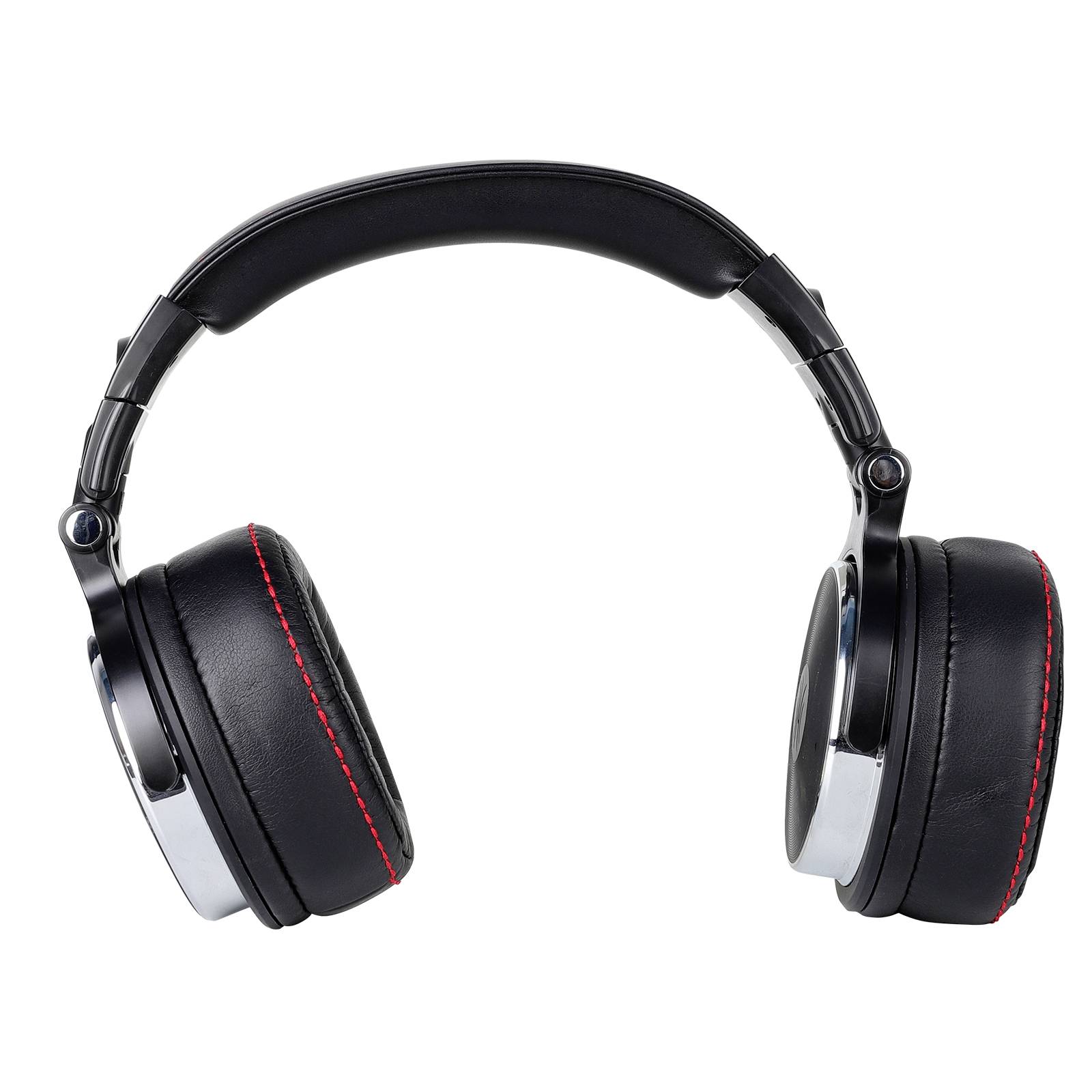 Black headphones with red stitching and silver details, on a white background.