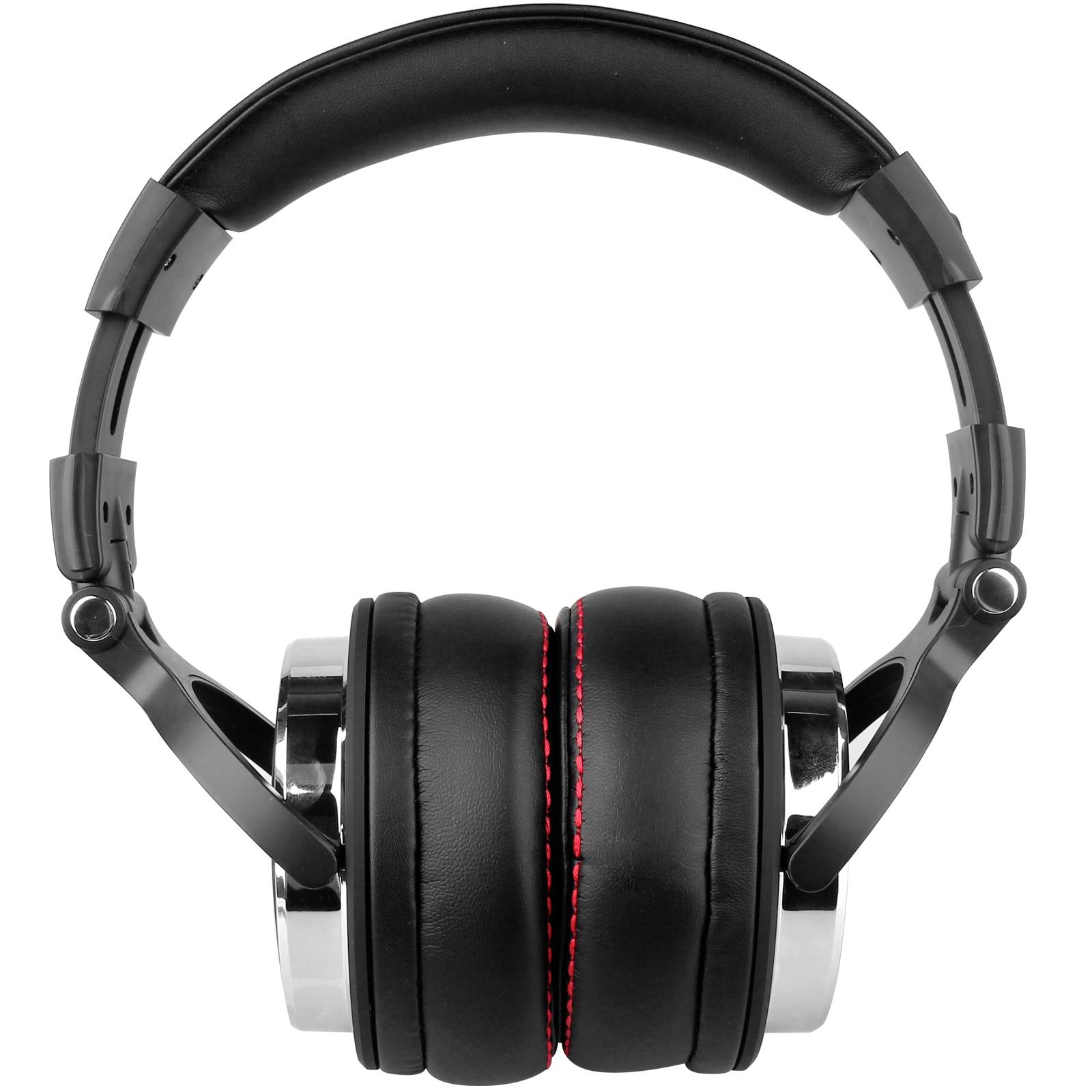 Black, padded headphones with a red stitch on the inner ear cup, shown from the front, suitable for audio devices.