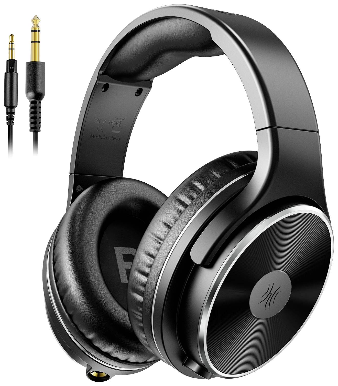 Black over-ear headphones with padded ear cups. Detachable audio cable with 3.5mm and 6.3mm jack plugs. Suitable for music or studio use.
